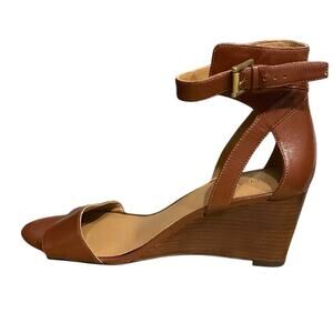 Nine West Floyd Brown Leather Stacked Wedge Sandal Ankle Strap